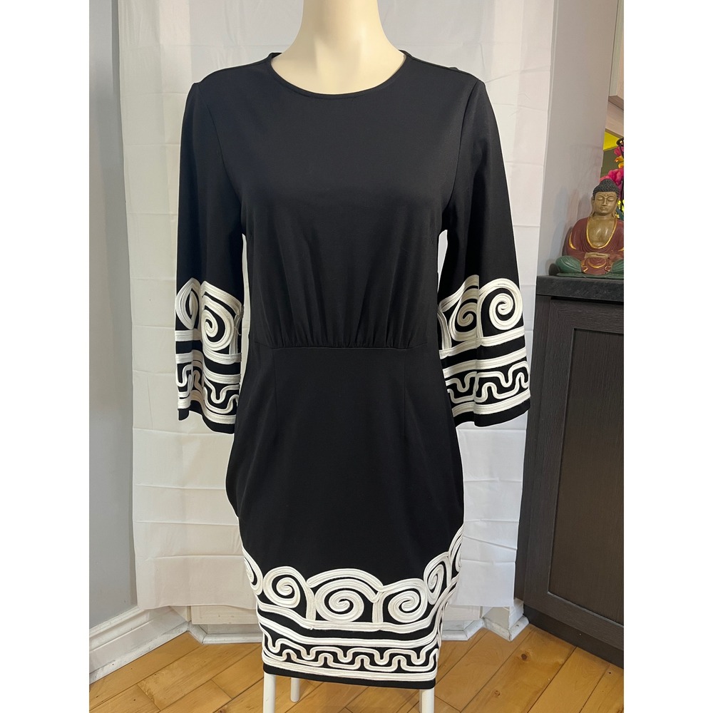 Uchuu Montreal Black White Soutache Embroidered Sheath Dress 3/4 Sleeve